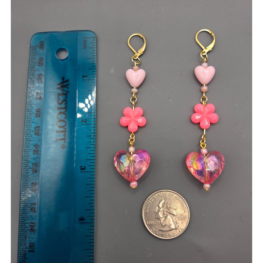 Handmade Earrings Gold Tone Pink Floral Heart Drop Dangle Leverback Kidcore - Picture 5 of 8